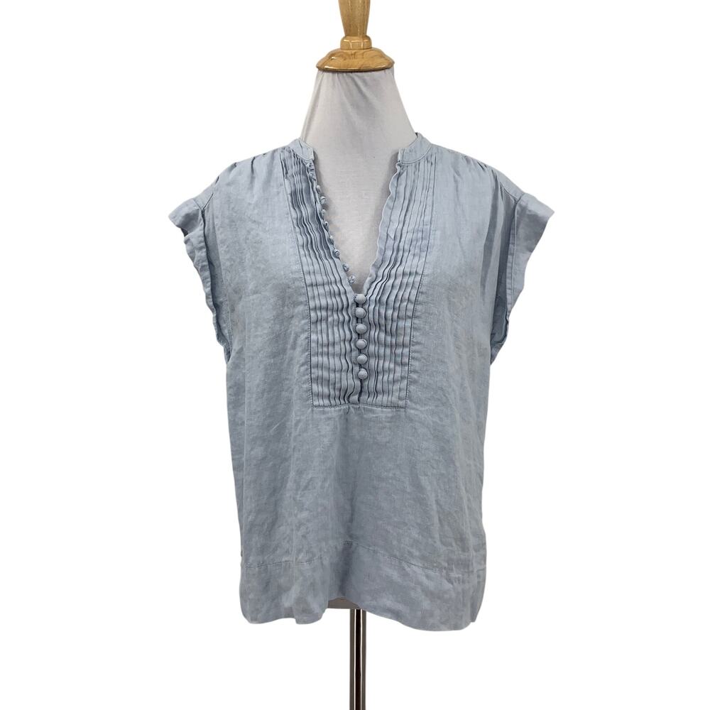 Joie Top Women S Small Ayon Sleeveless Linen Split Neck Pintuck Pleating Placket